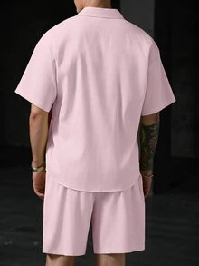 Genlund 男士純色壓紋鈕扣襯衫短褲套裝 度假淺粉色夏季熱帶休閒老錢風聖誕 - 粉色 - 查看 2
