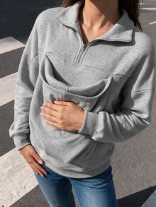 SHEIN Sweatshirt Kasual Longgar Lengan Panjang Ibu Hamil Abu-abu Musim Gugur/Dingin 3-in-1 Tebal Berlapis Ganda - Light Grey - View 6