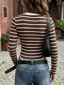INAWLY Striped Print V Neck Bodysuit - Coffee Brown - View 2