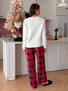 SweetSlumber Sweet INS Colorblock Bow Plaid Print Comfortable Round Neck Fuzzy Women Pajama Set - Multicolor - View 4