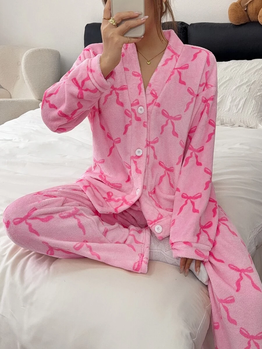 Napfluff Women's Autumn/Winter V-Neck Bow Coral Fleece Pajama Set - Multicolor - View 1