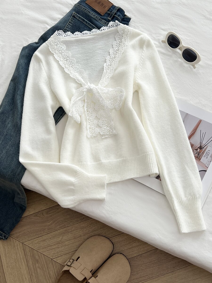 Elamini 女款休閒百搭甜美蝴蝶結蕾絲領日常通勤約會穿搭秋冬套頭毛衣 - 杏色 - 查看 1