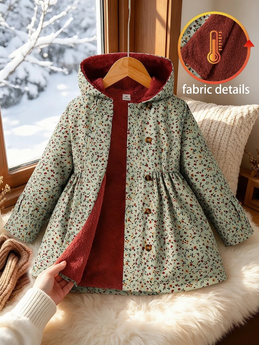 Souflis Souflis 女童冬季灰色綠色碎花印花保暖內裡連帽雙排扣時尚長袖外套,適合日常休閒可愛田園風穿搭 - 綠色 - 查看 1
