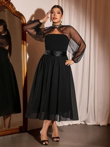 Cravure Plus Size Luxury Evening Party Sheer Mesh Patchwork High Waist Draped Long Dress - Black - View 1