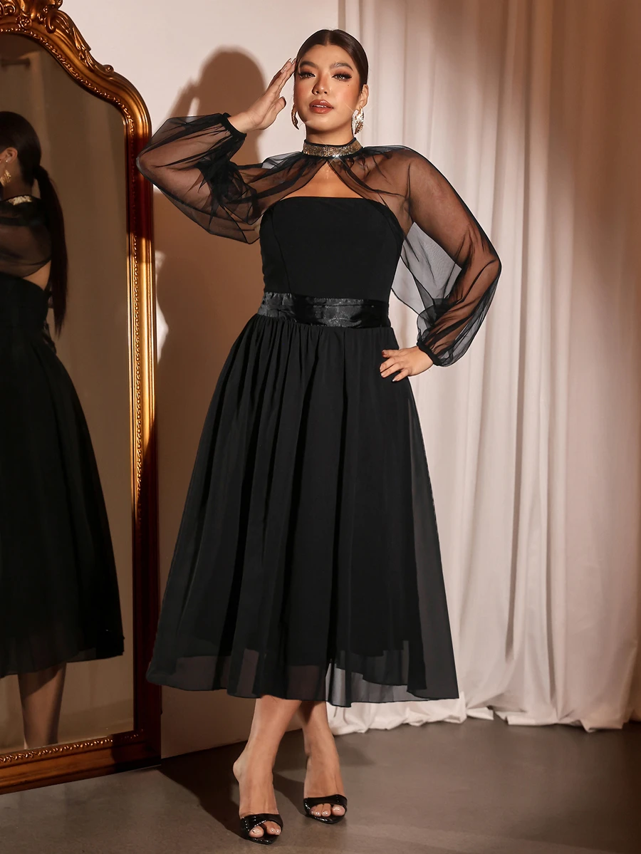 Cravure Plus Size Luxury Evening Party Sheer Mesh Patchwork High Waist Draped Long Dress - Black - View 1