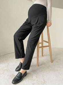 DAZY Black Maternity Drape Suit Straight Leg Ankle Pants, Elastic Full Belly Support Side Pockets Non-Binding Waist, Commute Casual High Waist Slimming - Black - View 3