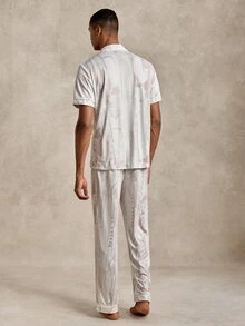 EverLounge Conjunto de ropa de estar en casa para hombre con cuello de solapa, estampado integral, manga corta y pantalones largos - Multicolor - Ver 2