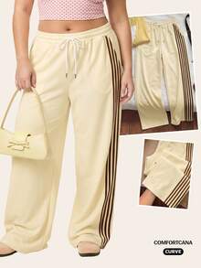 Comfortcana Plus Size Women's Side Stripe Drawstring Casual Loose Sweatpants - Light Yellow - View 11