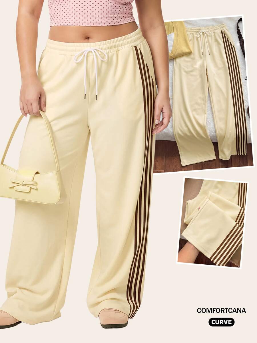 Comfortcana Plus Size Women's Side Stripe Drawstring Casual Loose Sweatpants - Light Yellow - View 1