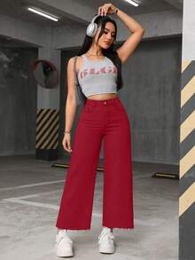 Jeanoix Plus Size Casual Versatile Frayed Hem Button Loose Fit Denim Jeans - Red - View 7