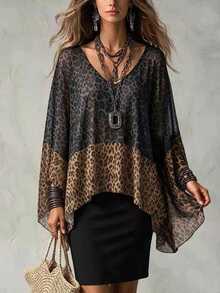 Glimmora Leopard Print Patchwork V-Neck Chic Fashionable Versatile Top Suitable For Dates, Vacations, Parties, Daily Outings, Gatherings, Outdoor Activities - Black - View 1