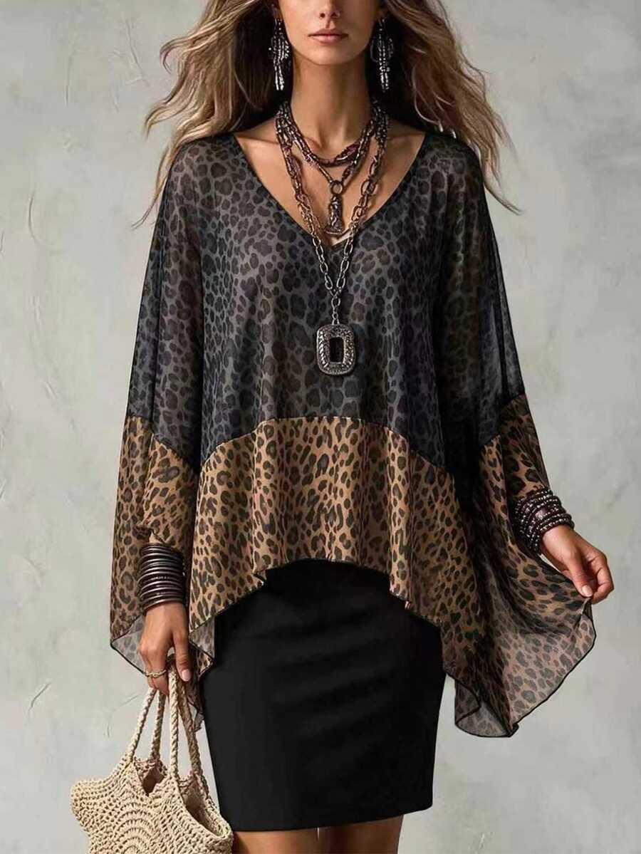 Glimmora Leopard Print Patchwork V-Neck Chic Fashionable Versatile Top Suitable For Dates, Vacations, Parties, Daily Outings, Gatherings, Outdoor Activities - Black - View 1