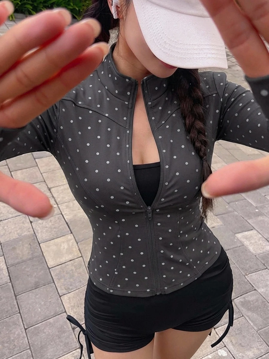DAZY 女款極簡百搭波點印花拉鍊長袖夾克 - 灰色 - 查看 1
