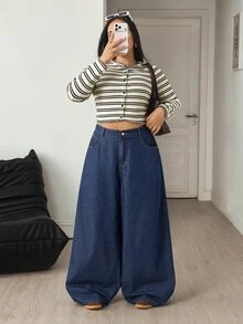 Flexra Festival Plus Size Women Blue Non-Stretch Loose Sexy Wide Leg Denim Jeans - Dark Wash - View 6