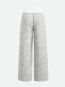 SHEIN 青少年女孩/Tween女孩秋冬休閒街頭時尚灰色豹紋高腰抽褶拼色拼接寬鬆直筒運動長褲，適合返校季與日常穿著 - 淺灰色 - 查看 4