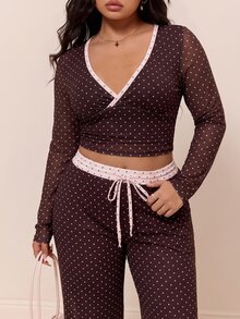 CovetEZ Contrast Polka Dot Slim Fit Flattering Casual Plus Size 2 Pieces Set - Brown - View 4