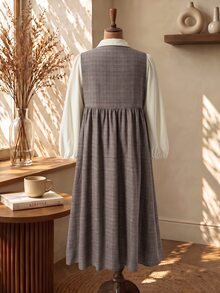 Rusticease Plus Size Women's Patchwork Plaid Button Design 2 In 1 Preppy Style Dress Fall - Multicolor - View 2