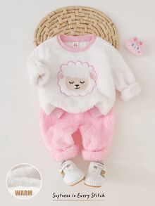 Cozy Pixies Cozy Baby Girl Knit Solid Color Cute Cartoon Embroidered Pattern Round Neck Top & Long Pants Loungewear 2pcs Set Suitable For Autumn/Winter - Pink - View 1
