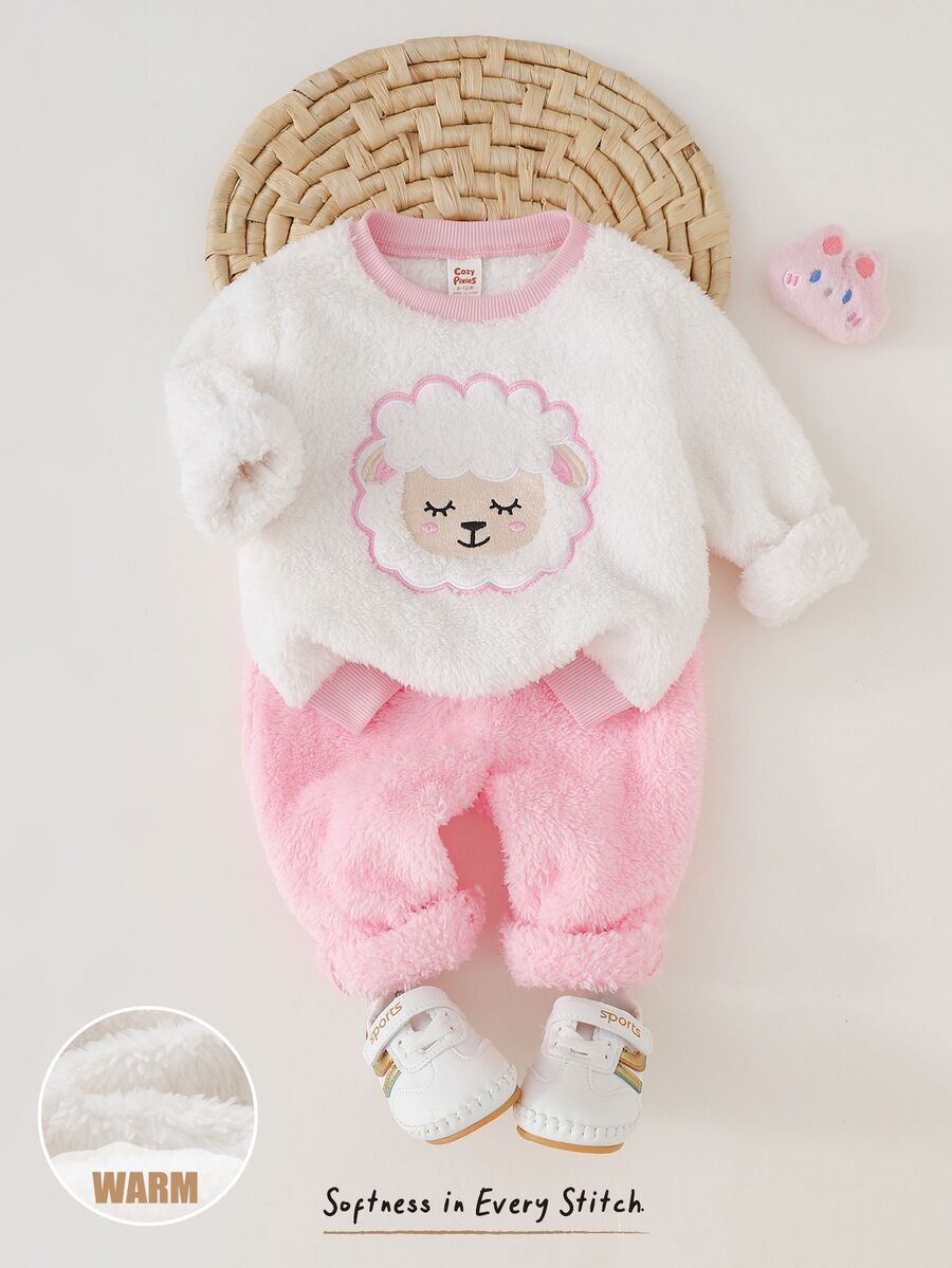 Cozy Pixies Cozy Baby Girl Knit Solid Color Cute Cartoon Embroidered Pattern Round Neck Top & Long Pants Loungewear 2pcs Set Suitable For Autumn/Winter - Pink - View 1