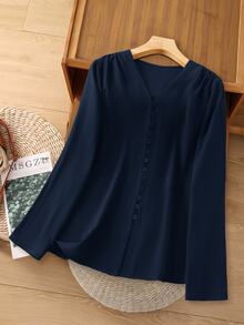 Rusticease Women's Solid Color V-Neck Long Sleeve Single-Breasted Casual Shirt - Navy Blue - View 1