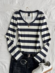 DAZY 女童休閒條紋修身短袖T恤上衣（大號） - 藏蓝色 - 查看 3