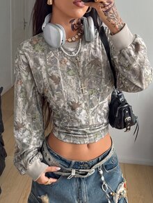 Coolane 女款秋冬街頭風休閒 Y2K 復古日常穿著 樹枝圖案 橄欖綠 收腰修身運動衫 秋冬女裝 - 橄欖綠 - 查看 4