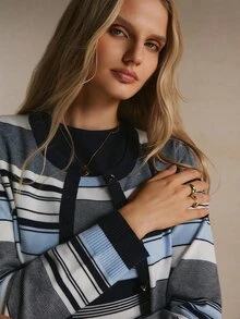 Poéselle 巴黎風藍色條紋長袖針織開襟衫套裝 - 彩色 - 查看 7