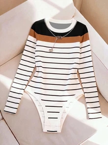 Resyla Women's Autumn/Winter New Hot-Selling Color Block Striped Pattern Slim Fit Versatile Bodysuit - Multicolor - View 4