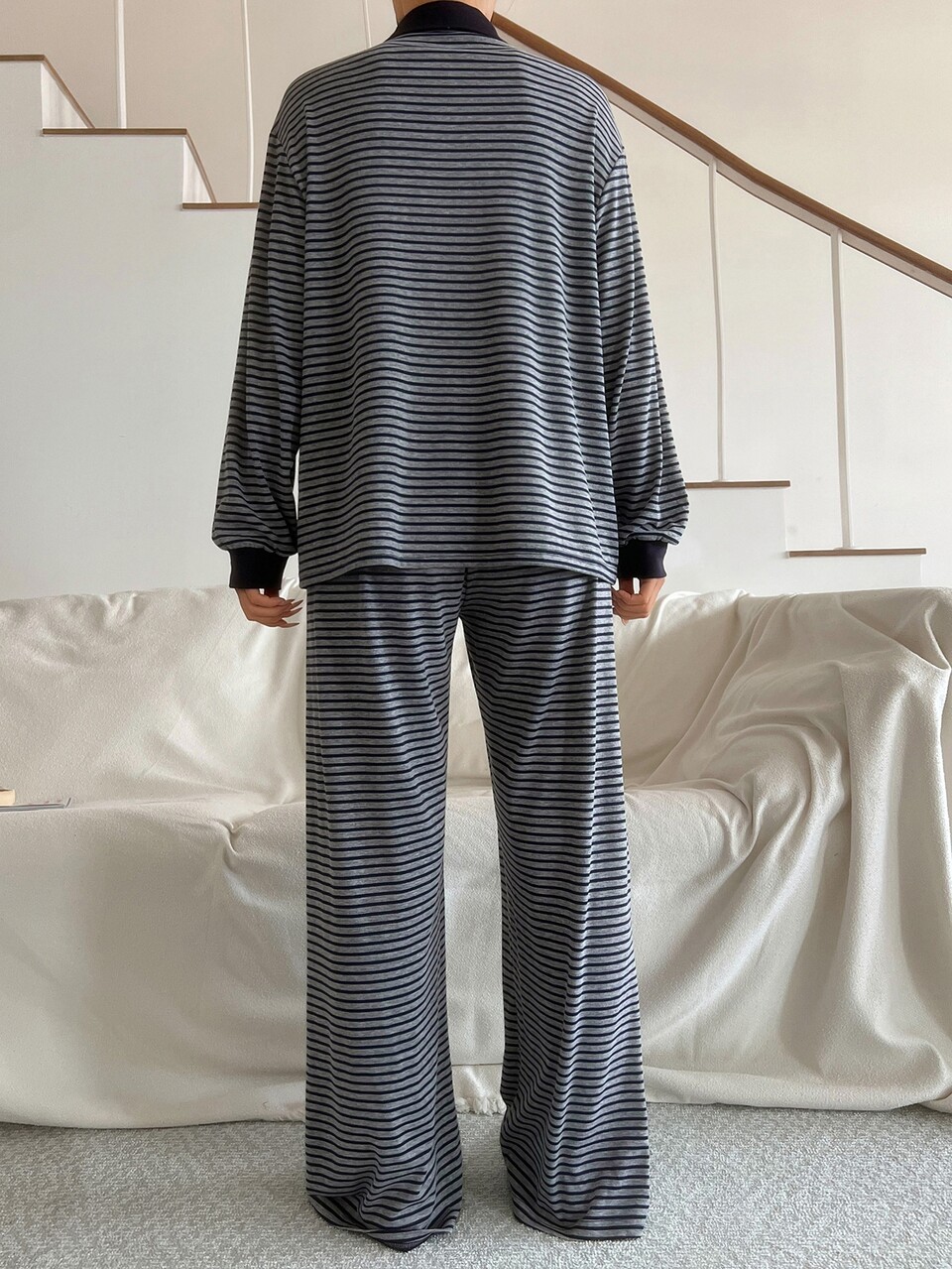 Women's Collared Button Long Sleeve Top & Striped Long Pants Loungewear Set