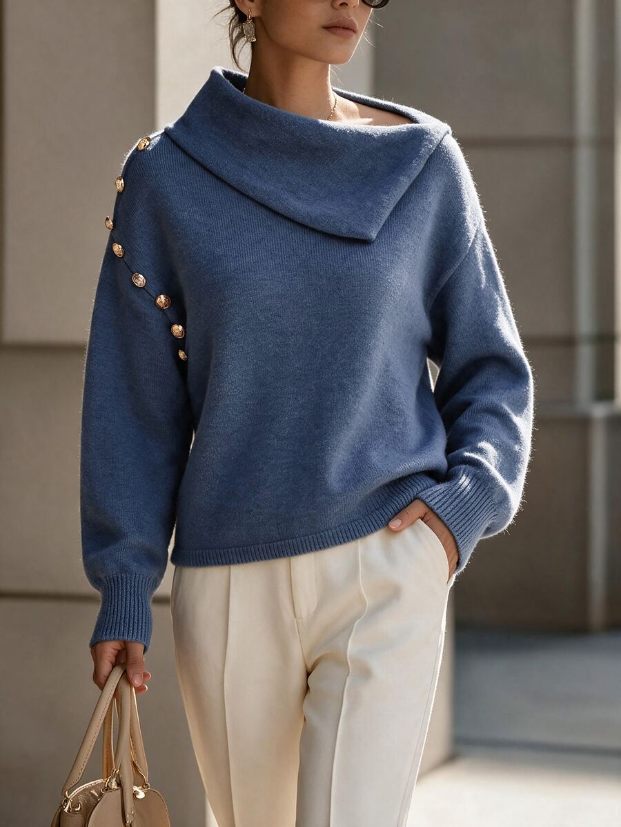 Balvessa Sweater Wanita Gaya Prancis Kerah Tinggi Kancing Buatan Tangan untuk Rumah & Luar Ruangan - Biru - View 1