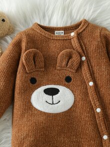SHEIN 0-12M Unisex Baby Footed Jumpsuit, Bear Applique Patch Ribbed Knit Side Snap Long Sleeve , Spring Autumn Newborn Jumpsuit - Chocolate Brown - View 5