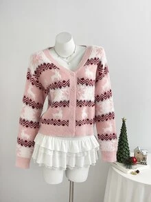 Elamini Minimalist Christmas Women's Autumn/Winter Pink Long Sleeve Slim Fit Knit Cardigan Sweater Top - Pink - View 3