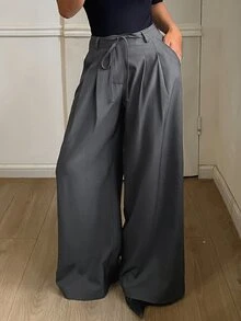 DAZY Grey High Waist Tie Pleated Loose Wide Leg Casual Versatile Commute Long Pants For Women Daily Wear - Grey - View 3