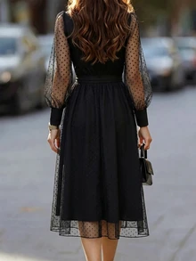 SHEIN Women's Polka Dot Chiffon Black Elegant Dress - Black - View 2