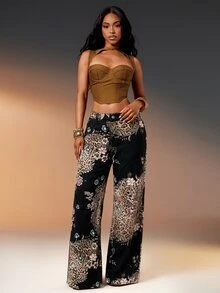 Denimoi Leopard Zebra Mixed Print Fashion Jeans Statement Denim Fashionable Streetwear Straight Leg - Black - View 1