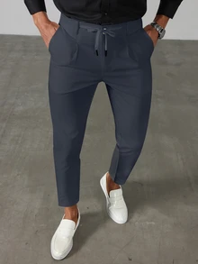 Manfinity Bizformal Men's Solid Color Drawstring Pocket Slim Fit Business Casual Suit Pants - Dusty Blue - View 4