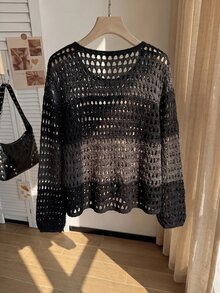 Comfortcana Plus Size Mesh Hollow Out Pullover Sweater - Black - View 5