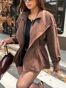 Vionelle Plus Size Women Casual Commute Elegant Suede Dark Brown Long Sleeve Autumn Jacket - Brown - View 3