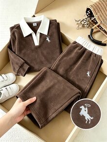 SHEIN Elladie kids 女童學院風咖啡色刷毛內裡上衣與寬腿褲2件套秋季套裝 秋冬款 - 棕色 - 查看 4