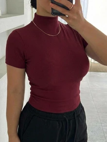 Dazy Plus 彈性貼身針織休閒高領打底短袖黑色春秋夏季套頭T恤 - 酒紅色 - 查看 4