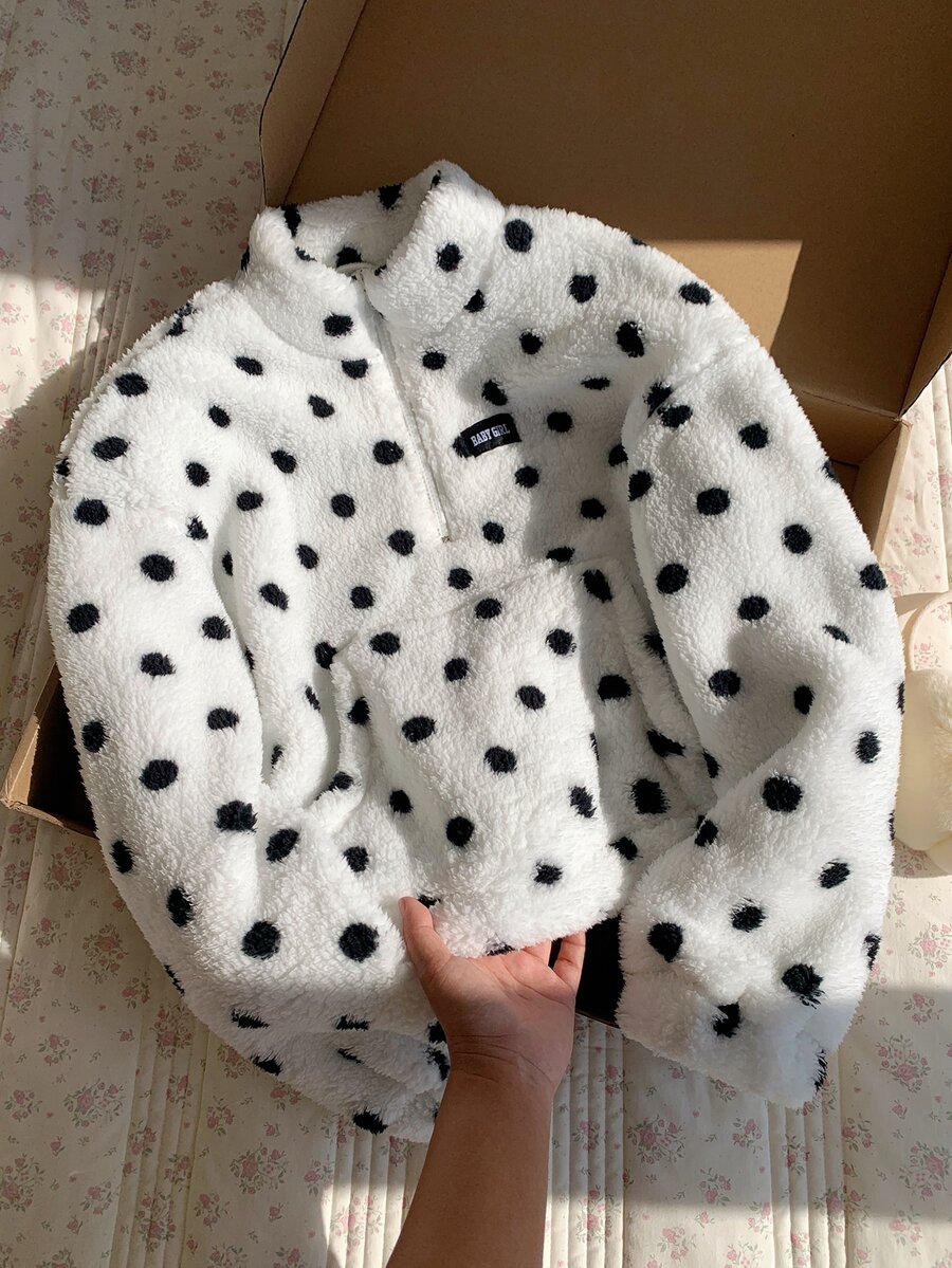 Comfortcana 1 pc Sweater Pullover Wanita Kerah Tinggi dengan Ritsleting Lengan Panjang Motif Macan Tutul Berbulu Halus, Atasan Lengan Panjang - Putih - View 1