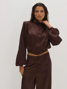 MUSEYN Brown Satin High Neck Shoulder Pad Bomber Jacket Classy Date Night Chic Evening Fall - Chocolate Brown - View 2