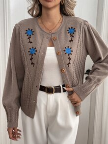 Sprig & Strand Women's Autumn New Single Piece Round Neck Embroidered Fresh Shoulder Pleat Design Classic Rope Pattern Slim Fit Short Knit Cardigan Top, Versatile Fashion Daily Wear - Brown - View 5