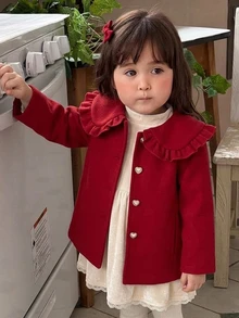 DAZY Young Girl Solid Color Peter Pan Collar Heart Single-Breasted Cute Overcoat - Red - View 6