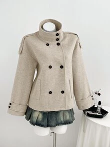 Elamini Elegant Stand Collar Double-Breasted Design Classic Grey French Minimalist Versatile Autumn/Winter New High-End Lazy Style Women's Wool Coat - Multicolor - View 3