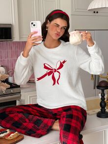 SweetSlumber Sweet INS Colorblock Bow Plaid Print Comfortable Round Neck Fuzzy Women Pajama Set - Multicolor - View 3