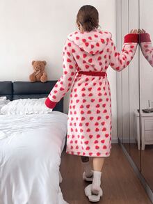 SHEIN Strawberry Tie Sweet Winter Robe Loungewear - Multicolor - View 3