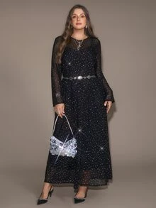Freevana Plus Size Women's Party Mesh Rhinestone Long Sleeve Round Neck Dress Set - Black - View 1