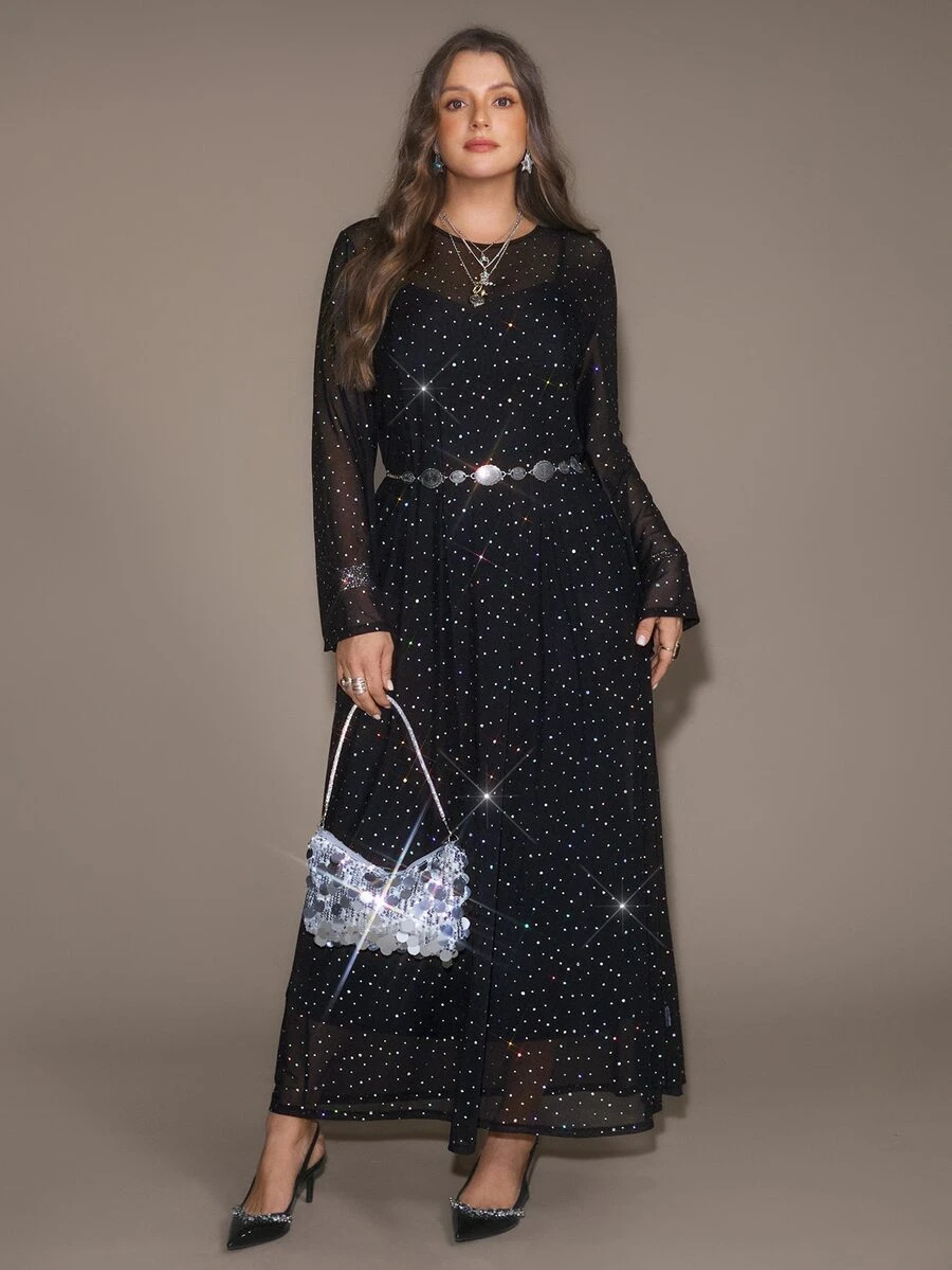 Freevana Plus Size Women's Party Mesh Rhinestone Long Sleeve Round Neck Dress Set - Black - View 1