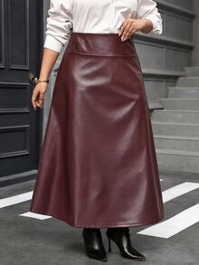 Reflora Plus Solid A-Line Long Black Skirt - Burgundy - View 6